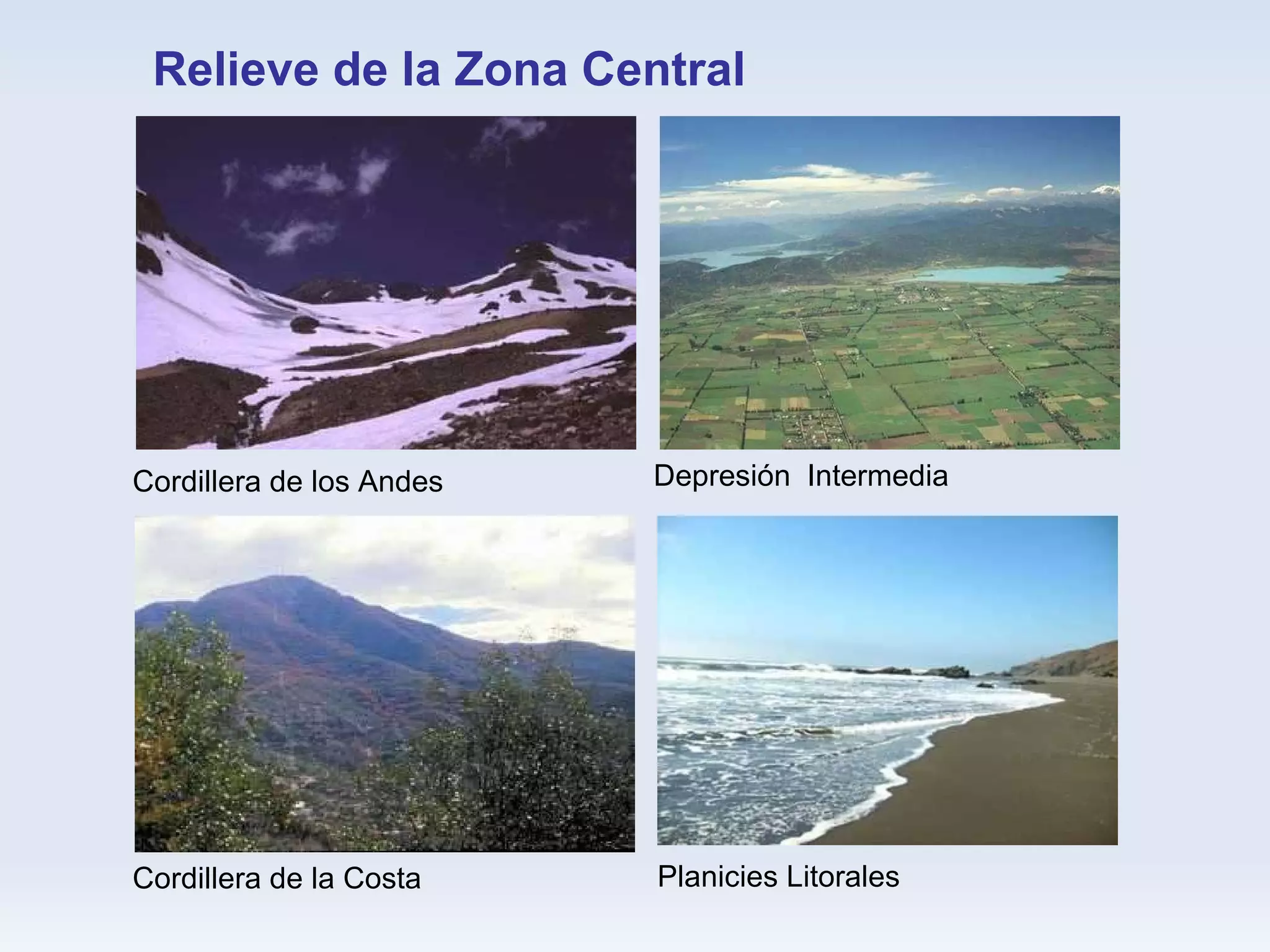 Depresión  Intermedia Cordillera de la Costa Relieve de la Zona Central Cordillera de los Andes Planicies Litorales 