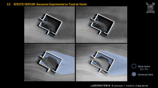 L A B O R A T O R I O 2 | U N I D A D 1 – V I E N T O | 4° Clase 06-11-20
Efecto Venturi
(V+ | P-)
Sombra de Viento
2.2 EFECTO VENTURI: Secuencia Experimental en Túnel de Viento
 