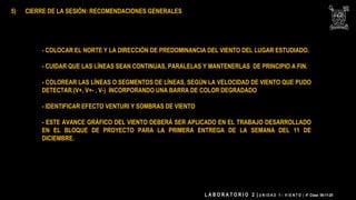 5) CIERRE DE LA SESIÓN: RECOMENDACIONES GENERALES
- COLOCAR EL NORTE Y LA DIRECCIÓN DE PREDOMINANCIA DEL VIENTO DEL LUGAR ESTUDIADO.
- CUIDAR QUE LAS LÍNEAS SEAN CONTINUAS, PARALELAS Y MANTENERLAS DE PRINCIPIO A FIN.
- COLOREAR LAS LÍNEAS O SEGMENTOS DE LÍNEAS, SEGÚN LA VELOCIDAD DE VIENTO QUE PUDO
DETECTAR.(V+, V+- , V-) INCORPORANDO UNA BARRA DE COLOR DEGRADADO
- IDENTIFICAR EFECTO VENTURI Y SOMBRAS DE VIENTO
- ESTE AVANCE GRÁFICO DEL VIENTO DEBERÁ SER APLICADO EN EL TRABAJO DESARROLLADO
EN EL BLOQUE DE PROYECTO PARA LA PRIMERA ENTREGA DE LA SEMANA DEL 11 DE
DICIEMBRE.
L A B O R A T O R I O 2 | U N I D A D 1 – V I E N T O | 4° Clase 06-11-20
 