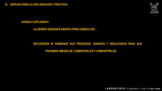 AHORA A EXPLORAR!!
LA SESION QUEDARÁ ABIERTA PARA CONSULTAS…
RECUERDEN IR SUBIENDO SUS PROCESOS, AVANCES Y RESULTADOS PARA QUE
PODAMOS MIRARLOS, COMENTARLOS Y COMPARTIRLOS
L A B O R A T O R I O 1 | U N I D A D 1 – L U Z | 11° Clase 11-09-20
8) ESPACIO PARA LA EXPLORACION Y PRACTICA
 