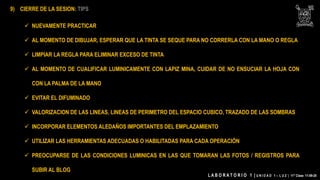  NUEVAMENTE PRACTICAR
 AL MOMENTO DE DIBUJAR, ESPERAR QUE LA TINTA SE SEQUE PARA NO CORRERLA CON LA MANO O REGLA
 LIMPIAR LA REGLA PARA ELIMINAR EXCESO DE TINTA
 AL MOMENTO DE CUALIFICAR LUMINICAMENTE CON LAPIZ MINA, CUIDAR DE NO ENSUCIAR LA HOJA CON
CON LA PALMA DE LA MANO
 EVITAR EL DIFUMINADO
 VALORIZACION DE LAS LINEAS, LINEAS DE PERIMETRO DEL ESPACIO CUBICO, TRAZADO DE LAS SOMBRAS
 INCORPORAR ELEMENTOS ALEDAÑOS IMPORTANTES DEL EMPLAZAMIENTO
 UTILIZAR LAS HERRAMIENTAS ADECUADAS O HABILITADAS PARA CADA OPERACIÓN
 PREOCUPARSE DE LAS CONDICIONES LUMINICAS EN LAS QUE TOMARAN LAS FOTOS / REGISTROS PARA
SUBIR AL BLOG
L A B O R A T O R I O 1 | U N I D A D 1 – L U Z | 11° Clase 11-09-20
9) CIERRE DE LA SESION: TIPS
 