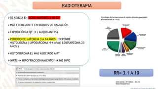 RADIOTERAPIA
SE ASOCIA EN DOSIS MAYORES A 40 GY
MÁS FRENCUENTE EN BORDES DE RADIACIÓN
EXPOSICIÓN A QT  ( ALQUILANTES)
PERIODO DE LATENCIA 3 A 14 AÑOS ( DEPENDE
HISTOLOGÍA) ( LIPOSARCOMA 4 años) LEIOSARCOMA 23
AÑOS )
HISTOFIBROMA EL MAS ASOCIADO A RT
IMRT?  HIPOFRACCIONAMIENTO?  NO INFO
RR= 3.1 A 10
ASOCIADOS A RT SERÁN < DEL 1%
PEOR PRONOSTICO
 