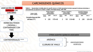 CARCINOGENOS QUÍMICOS
ASOCIACIÓN DE AGENTE
NARANJA CON
SARCOMAS
HERBICIDA FENOXI
( DIOXINA )
CONTAMINADO CON
TDDC
CLORURO DE VINILO
ARSÉNICO
OTROS AGENTES QUÍMICOS ASOCIADOS
ANGIOSARCOMAS
HEPÁTICOS
CONTROVERSIALES *****
 