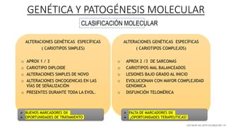 GENÉTICA Y PATOGÉNESIS MOLECULAR
ALTERACIONES GENÉTICAS ESPECÍFICAS
( CARIOTIPOS SIMPLES)
o APROX 1 / 3
o CARIOTIPO DIPLOIDE
o ALTERACIONES SIMPLES DE NOVO
o ALTERACIONES ONCOGENICAS EN LAS
VÍAS DE SEÑALIZACIÓN
o PRESENTES DURANTE TODA LA EVOL.
ALTERACIONES GENÉTICAS ESPECÍFICAS
( CARIOTIPOS COMPLEJOS)
o APROX 2 /3 DE SARCOMAS
o CARIOTIPOS MAL BALANCEADOS
o LESIONES BAJO GRADO AL INICIO
o EVOLUCIONAN CON MAYOR COMPLEJIDAD
GENOMICA
o DISFUNCIÓN TELOMÉRICA
CLASIFICACIÓN MOLECULAR
 BUENOS MARCADORES DX
 OPORTUNIDADES DE TRATAMIENTO
 FALTA DE MARCADORES DX
 ¿OPORTUNIDADES TERAPEUTICAS?
Clin North Am 2016 Oct;96(5):901-14
 