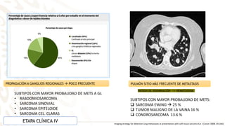PULMÓN SITIO MÁS FRECUENTE DE METASTASIS
PATRON DE DISEMINACIÓN --> HEMATOGENA
SUBTIPOS CON MAYOR PROBALIDAD DE METS:
 SARCOMA EWING  25 %
 TUMOR MALIGNO DE LA VAINA 16 %
 CONDROSARCOMA 13.6 %
Imaging strategy for detection lung metastases at presentation with soft tissue sarcoma Eur J Cancer 2008; 44:1842
PROPAGACIÓN A GANGLIOS REGIONALES  POCO FRECUENTE
SUBTIPOS CON MAYOR PROBALIDAD DE METS A GL
• RABDOMIOSARCOMA
• SARCOMA SINOVIAL
• SARCOMA EPITELOIDE
• SARCOMA CEL. CLARAS
ETAPA CLÍNICA IV
 