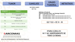 TUMOR GANGLIOS
GRADO
TUMORAL
METASTASIS
ETAPA CLÍNCA IV:
N1 Y M1 INDEPENDIENTE DE
TODO LO DEMAS
SOLO EN EXTREMIDADES Y RETROPERITONEALES
G2 Y G3 = EC II - III
NO DEBE HABER
N0 Y N1
 
