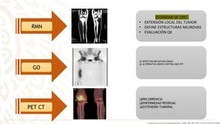 PET CT
RMN
GO
ESTÁNDAR DE ORO
• EXTENSIÓN LOCAL DEL TUMOR
• DEFINE ESTRUCTURAS NEUROVAS
• EVALUACIÓN QX
 DETECTAR METASTASIS ÓSEAS
 ALTERNATIVA MENOS COSTOSA QUE PET
RECURRENCIA
ENFERMEDAD RESIDUAL
EXTENSIÓN TUMORAL
American Journal of Roentgenology. 2006;186: 967-976. 10.2214/AJR.05.0654
 