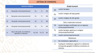Lesiones malignas
IA Bajo grado, intracompartamental G1 T1 M0
IB Bajo grado, extracompartamental G1 T2 M0
IIA Alto grado, intracompartamental G2 T1 M0
IIB Alto grado, extracompartamental G2 T2 M0
III
Bajo o alto grado, con metástasis
regionales o a distancia
G1 / G2 T1 / T2 M1
SISTEMA DE ENNEKING
Grado tumoral
G0 Lesión benigna
G1 Lesión maligna de bajo grado
G2 Lesión maligna de alto grado
Sitio / extensión tumoral
T0 Lesion benigna confinada con su cápsula,
intracompartamental
T1 Lesión benigna agresiva o maligna
intracompartamental
T2 Lesión extracompartamental
Metástasis
1 No metástasis regionales o
2 Cualquier metástasis regional o a distancia
incluyendo ganglios linfáticos y lesiones en
tránsito
American Journal of Roentgenology. 2006;186: 967-976. 10.2214/AJR.05.0654
 