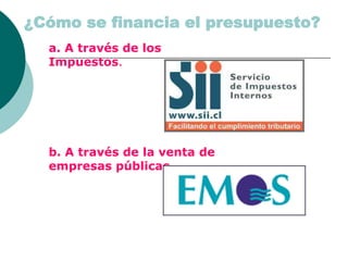 ¿Cómo se financia el presupuesto?
a. A través de los
Impuestos.
b. A través de la venta de
empresas públicas.
 