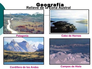 GeografíaGeografía
Patagonia Cabo de Hornos
Campos de HieloCordillera de los Andes
Relieve de la Zona Austral
 