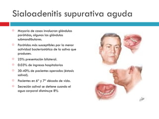 Sialoadenitis supurativa aguda
   Mayoría de casos involucran glándulas
    parótidas, algunos las glándulas
    submandibulares.
   Parótidas más susceptibles por la menor
    actividad bacteriostática de la saliva que
    producen.
   25% presentación bilateral.
   0.03% de ingresos hospitalarios
   30-40% de pacientes operados (éstasis
    salival).
   Pacientes en 6ª y 7ª década de vida.
   Secreción salival se detiene cuando el
    agua corporal disminuye 8%
 