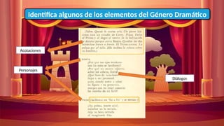 Identifica algunos de los elementos del Género Dramático
Acotaciones
Personajes
Diálogos
 