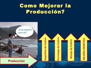 Producción
       Superficie de Cultivo




     Tecnología de Cultivo
                                   Producción?
                                 Como Mejorar la




             Manejo de Cultivo




        MEJORA GENÉTICA
 