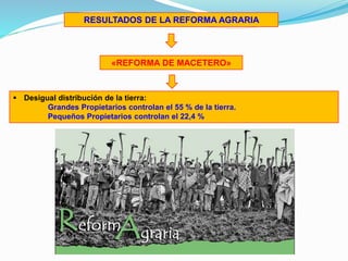 RESULTADOS DE LA REFORMA AGRARIA
«REFORMA DE MACETERO»
 Desigual distribución de la tierra:
Grandes Propietarios controlan el 55 % de la tierra.
Pequeños Propietarios controlan el 22,4 %
 