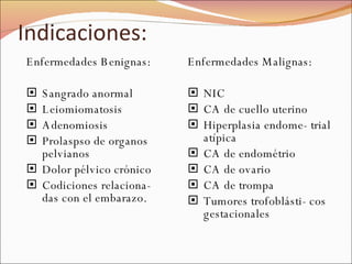 Indicaciones: Enfermedades Benignas: Sangrado anormal Leiomiomatosis Adenomiosis Prolaspso de organos pelvianos Dolor pélvico crónico Codiciones relaciona- das con el embarazo. Enfermedades Malignas: NIC CA de cuello uterino Hiperplasia endome- trial atípica CA de endométrio CA de ovario CA de trompa Tumores trofoblásti- cos gestacionales 