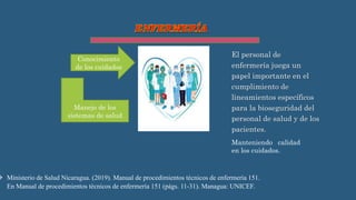 El personal de
enfermería juega un
papel importante en el
cumplimiento de
lineamientos específicos
para la bioseguridad del
personal de salud y de los
pacientes.
Conocimiento
de los cuidados
Manejo de los
sistemas de salud
Manteniendo calidad
en los cuidados.
 Ministerio de Salud Nicaragua. (2019). Manual de procedimientos tècnicos de enfermerìa 151.
En Manual de procedimientos tècnicos de enfermerìa 151 (págs. 11-31). Managua: UNICEF.
 