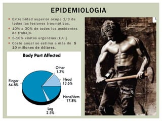 EPIDEMIOLOGIA
 Extremidad superior ocupa 1/3 de
  todas las lesiones traumáticas.
 10% a 30% de todos los accidentes
  de trabajo.
 5-10% visitas urgencias (E.U.)
 Costo anual se estima a más de $
  10 millones de dólares.
 