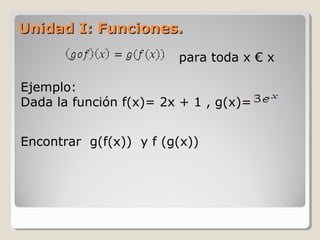 Unidad I: Funciones.Unidad I: Funciones.
para toda x € x
Ejemplo:
Dada la función f(x)= 2x + 1 , g(x)=
Encontrar g(f(x)) y f (g(x))
 