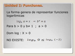Unidad I: Funciones.Unidad I: Funciones.
La forma genera de representar funciones
logarítmicas
Para b > 0 y b≠ 1 ; a > 0
Dom log : X > 0
NO EXISTE: ni
 