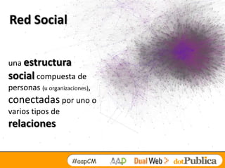 Red Social


una estructura
social compuesta de
personas (u organizaciones),
conectadas por uno o
varios tipos de
relaciones


                    #aapCM
 
