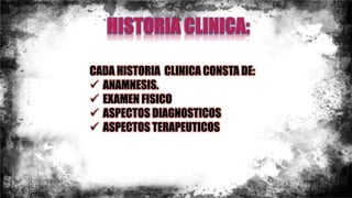CADA HISTORIA CLINICA CONSTA DE:
 ANAMNESIS.
 EXAMEN FISICO
 ASPECTOS DIAGNOSTICOS
 ASPECTOS TERAPEUTICOS
 