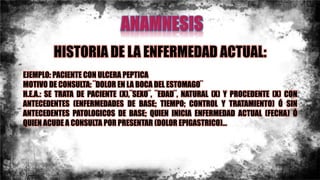 HISTORIA DE LA ENFERMEDAD ACTUAL:
EJEMPLO: PACIENTE CON ULCERA PEPTICA
MOTIVO DE CONSULTA: ¨DOLOR EN LA BOCA DEL ESTOMAGO¨
H.E.A.: SE TRATA DE PACIENTE (X),¨SEXO¨, ¨EDAD¨, NATURAL (X) Y PROCEDENTE (X) CON
ANTECEDENTES (ENFERMEDADES DE BASE; TIEMPO; CONTROL Y TRATAMIENTO) Ó SIN
ANTECEDENTES PATOLOGICOS DE BASE; QUIEN INICIA ENFERMEDAD ACTUAL (FECHA) Ó
QUIEN ACUDE A CONSULTA POR PRESENTAR (DOLOR EPIGASTRICO)…
 