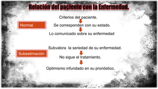Normal.
Criterios del paciente.
Se corresponden con su estado.
Lo comunicado sobre su enfermedad
Subestimación
Subvalora la seriedad de su enfermedad.
No sigue el tratamiento.
Optimismo infundado en su pronóstico.
 