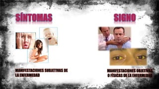 MANIFESTACIONES OBJETIVAS
O FÍSICAS DE LA ENFERMEDAD
MANIFESTACIONES SUBJETIVAS DE
LA ENFERMEDAD
 