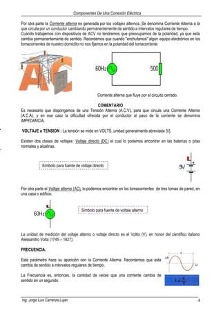 Componentes De Una Conexión Eléctrica
Ing. Jorge Luis Carranza Lujan 4
Por otra parte la Corriente alterna es generada por los voltajes alternos. Se denomina Corriente Alterna a la
que circula por un conductor cambiando permanentemente de sentido a intervalos regulares de tiempo.
Cuando trabajemos con dispositivos de ACV no tendremos que preocuparnos de la polaridad, ya que esta
cambia permanentemente de sentido. Recordemos que cuando "enchufamos" algún equipo electrónico en los
tomacorrientes de nuestro domicilio no nos fijamos en la polaridad del tomacorriente.
Corriente alterna que fluye por el circuito cerrado.
COMENTARIO
Es necesario que dispongamos de una Tensión Alterna (A.C.V), para que circule una Corriente Alterna
(A.C.A), y en ese caso la dificultad ofrecida por el conductor al paso de la corriente se denomina
IMPEDANCIA.
VOLTAJE o TENSION : La tensión se mide en VOLTS, unidad generalmente abreviada [V].
Existen dos clases de voltajes: Voltaje directo (DC) el cual lo podemos encontrar en las baterías o pilas
normales y alcalinas.
Por otra parte el Voltaje alterno (AC), lo podemos encontrar en los tomacorrientes de tres tomas de pared, en
una casa o edificio.
La unidad de medición del voltaje alterno o voltaje directo es el Voltio (V), en honor del científico italiano
Alessandro Volta (1745 – 1827).
FRECUENCIA:
Este parámetro hace su aparición con la Corriente Alterna. Recordemos que esta
cambia de sentido a intervalos regulares de tiempo.
La Frecuencia es, entonces, la cantidad de veces que una corriente cambia de
sentido en un segundo.
Símbolo para fuente de voltaje directo
Símbolo para fuente de voltaje alterno
 