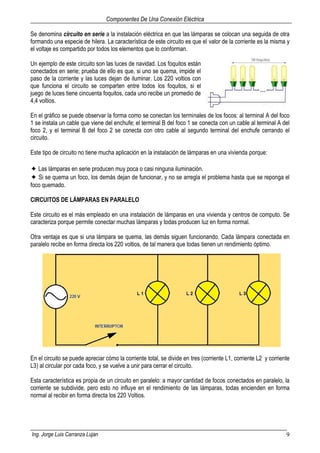 Componentes De Una Conexión Eléctrica
Ing. Jorge Luis Carranza Lujan 9
Se denomina circuito en serie a la instalación eléctrica en que las lámparas se colocan una seguida de otra
formando una especie de hilera. La característica de este circuito es que el valor de la corriente es la misma y
el voltaje es compartido por todos los elementos que lo conforman.
Un ejemplo de este circuito son las luces de navidad. Los foquitos están
conectados en serie; prueba de ello es que, si uno se quema, impide el
paso de la corriente y las luces dejan de iluminar. Los 220 voltios con
que funciona el circuito se comparten entre todos los foquitos, si el
juego de luces tiene cincuenta foquitos, cada uno recibe un promedio de
4,4 voltios.
En el gráfico se puede observar la forma como se conectan los terminales de los focos: al terminal A del foco
1 se instala un cable que viene del enchufe; el terminal B del foco 1 se conecta con un cable al terminal A del
foco 2, y el terminal B del foco 2 se conecta con otro cable al segundo terminal del enchufe cerrando el
circuito.
Este tipo de circuito no tiene mucha aplicación en la instalación de lámparas en una vivienda porque:
✦ Las lámparas en serie producen muy poca o casi ninguna iluminación.
✦ Si se quema un foco, los demás dejan de funcionar, y no se arregla el problema hasta que se reponga el
foco quemado.
CIRCUITOS DE LÁMPARAS EN PARALELO
Este circuito es el más empleado en una instalación de lámparas en una vivienda y centros de computo. Se
caracteriza porque permite conectar muchas lámparas y todas producen luz en forma normal.
Otra ventaja es que si una lámpara se quema, las demás siguen funcionando. Cada lámpara conectada en
paralelo recibe en forma directa los 220 voltios, de tal manera que todas tienen un rendimiento óptimo.
En el circuito se puede apreciar cómo la corriente total, se divide en tres (corriente L1, corriente L2 y corriente
L3) al circular por cada foco, y se vuelve a unir para cerrar el circuito.
Esta característica es propia de un circuito en paralelo: a mayor cantidad de focos conectados en paralelo, la
corriente se subdivide, pero esto no influye en el rendimiento de las lámparas, todas encienden en forma
normal al recibir en forma directa los 220 Voltios.
 