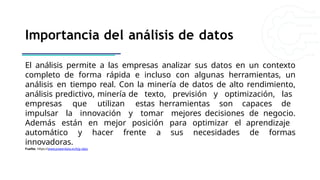 Importancia del análisis de datos
El análisis permite a las empresas analizar sus datos en un contexto
completo de forma rápida e incluso con algunas herramientas, un
análisis en tiempo real. Con la minería de datos de alto rendimiento,
análisis predictivo, minería de texto, previsión y optimización, las
empresas que utilizan estas herramientas son capaces de
impulsar la innovación y tomar mejores decisiones de negocio.
Además están en mejor posición para optimizar el aprendizaje
automático y hacer frente a sus necesidades de formas
innovadoras.
Fuefite: https://www.powerdata.es/big-data
 