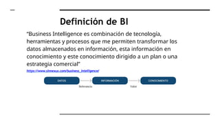 Definición de BI
“Business Intelligence es combinación de tecnología,
herramientas y procesos que me permiten transformar los
datos almacenados en información, esta información en
conocimiento y este conocimiento dirigido a un plan o una
estrategia comercial”
https://www.sinnexus.com/business_intelligence/
 