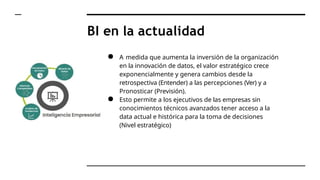 BI en la actualidad
● A medida que aumenta la inversión de la organización
en la innovación de datos, el valor estratégico crece
exponencialmente y genera cambios desde la
retrospectiva (Entender) a las percepciones (Ver) y a
Pronosticar (Previsión).
● Esto permite a los ejecutivos de las empresas sin
conocimientos técnicos avanzados tener acceso a la
data actual e histórica para la toma de decisiones
(Nivel estratégico)
 