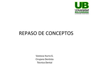 REPASO DE CONCEPTOS
Vanesca Iturra G.
Cirujano Dentista
Técnico Dental
 