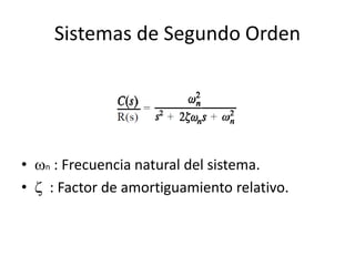 Sistemas de Segundo Orden
• n : Frecuencia natural del sistema.
•  : Factor de amortiguamiento relativo.
 