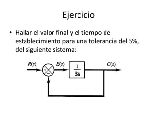 Ejercicio
• Hallar el valor final y el tiempo de
establecimiento para una tolerancia del 5%,
del siguiente sistema:
 