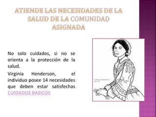 No solo cuidados, si no se
orienta a la protección de la
salud.
Virginia Henderson, el
individuo posee 14 necesidades
que deben estar satisfechas
CUIDADOS BASICOS
 
