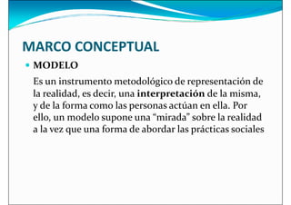 MARCO CONCEPTUAL
 MODELO
 MODELO
Es un instrumento metodológico de representación de
la realidad, es decir, una interpretación de la misma,
y de la forma como las personas actúan en ella. Por
ello, un modelo supone una “mirada” sobre la realidad
a la vez que una forma de abordar las prácticas sociales
 