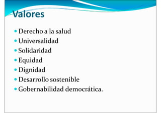 Valores
 Derecho a la salud
Universalidad
 Universalidad
 Solidaridad
 Equidad
 Dignidad
Desarrollo sostenible
 Desarrollo sostenible
 Gobernabilidad democrática.
 