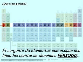 ¿Qué es un periodo?




El conjunto de elementos que ocupan una
línea horizontal se denomina PERIODO.
                             PERIODO
 