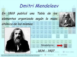 Dmitri Mendeleev
En 1869 publicó una Tabla de los
elementos organizada según la masa
atómica de los mismos.




                           Mendelevio

                         1834 - 1907
 