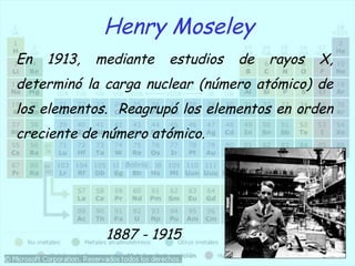 Henry Moseley
En   1913,   mediante   estudios   de   rayos   X,
determinó la carga nuclear (número atómico) de
los elementos. Reagrupó los elementos en orden
creciente de número atómico.




              1887 - 1915
 