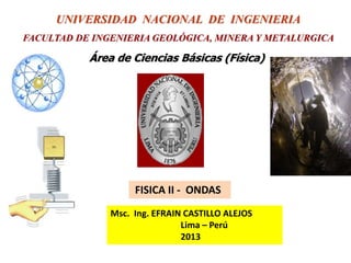 UNIVERSIDAD NACIONAL DE INGENIERIA
FACULTAD DE INGENIERIA GEOLÓGICA, MINERA Y METALURGICA

Área de Ciencias Básicas (Física)

FISICA II - ONDAS
Msc. Ing. EFRAIN CASTILLO ALEJOS
Lima – Perú
2013

 