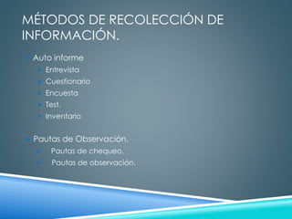MÉTODOS DE RECOLECCIÓN DE 
INFORMACIÓN. 
 Auto informe 
 Entrevista 
 Cuestionario 
 Encuesta 
 Test. 
 Inventario 
 Pautas de Observación. 
 Pautas de chequeo. 
 Pautas de observación. 
 