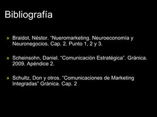 Bibliografía Braidot, Néstor. “Nueromarketing. Neuroeconomía y Neuronegocios. Cap. 2. Punto 1, 2 y 3. Scheinsohn, Daniel. “Comunicación Estratégica”. Gránica. 2009. Apéndice 2. Schultz, Don y otros. “Comunicaciones de Marketing Integradas” Gránica. Cap. 2 