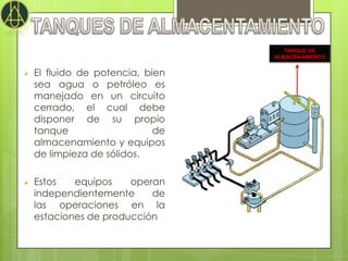 TANQUE DE
                                  ALMACENAMIENTO


   El fluido de potencia, bien
    sea agua o petróleo es
    manejado en un circuito
    cerrado, el cual debe
    disponer de su propio
    tanque                   de
    almacenamiento y equipos
    de limpieza de sólidos.

   Estos   equipos    operan
    independientemente     de
    las operaciones en la
    estaciones de producción
 