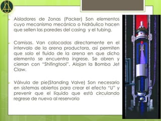    Aisladores de Zonas (Packer) Son elementos
    cuyo mecanismo mecánico o hidráulico hacen
    que sellen las paredes del casing y el tubing.

   Camisas. Van colocadas directamente en el
    intervalo de la arena productora, así permiten
    que solo el fluido de la arena en que dicho
    elemento se encuentra ingrese. Se abren y
    cierran con “Shifingtool”. Alojan la Bomba Jet
    Claw.

   Válvula de pie(Standing Valve) Son necesario
    en sistemas abiertos para crear el efecto “U” y
    prevenir que el líquido que está circulando
    regrese de nuevo al reservorio
 