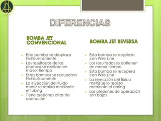    Esta bomba se desplaza          Esta bomba se desplaza
    hidráulicamente                  con Wire Line
   Los resultados de las           Los resultados se obtienen
    pruebas se realizan en           en menor tiempo
    mayor tiempo                    Esta bomba se recupera
   Estas bombas se recuperan        con Wire Line
    hidráulicamente                 La inyección del fluido
   La inyección del fluido          motriz se lo realiza
    motriz se realiza mediante       mediante el casing
    el tubing                       Las presiones de operación
   Tiene presiones altas de         son bajas
    operación
 
