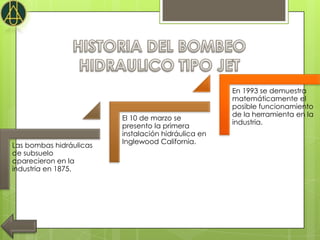 En 1993 se demuestra
                                                     matemáticamente el
                                                     posible funcionamiento
                                                     de la herramienta en la
                         El 10 de marzo se
                                                     industria.
                         presento la primera
                         instalación hidráulica en
                         Inglewood California.
Las bombas hidráulicas
de subsuelo
aparecieron en la
industria en 1875.
 