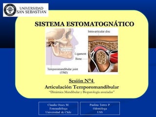 Sesión N°4
Articulación Temporomandibular
“Dinámica Mandibular y Biopatología asociadas”
SISTEMA ESTOMATOGNÁTICOSISTEMA ESTOMATOGNÁTICO
 